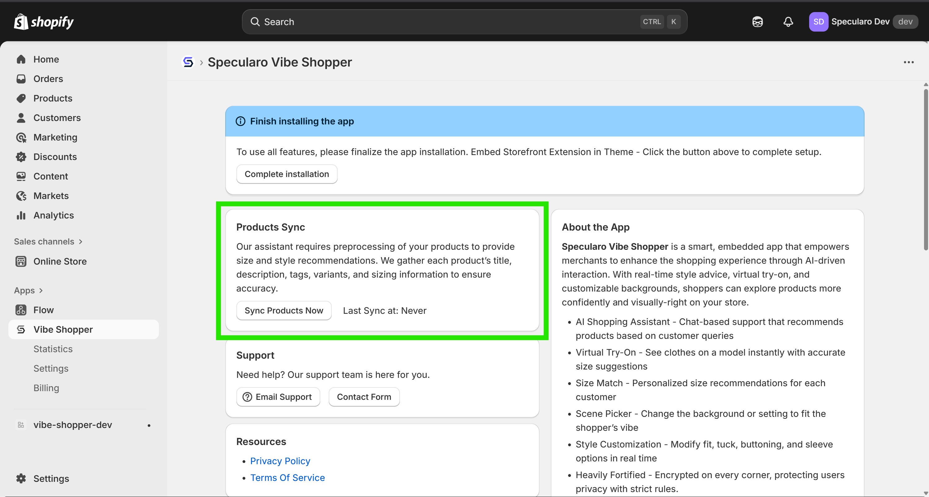 First-time product sync on the dashboard