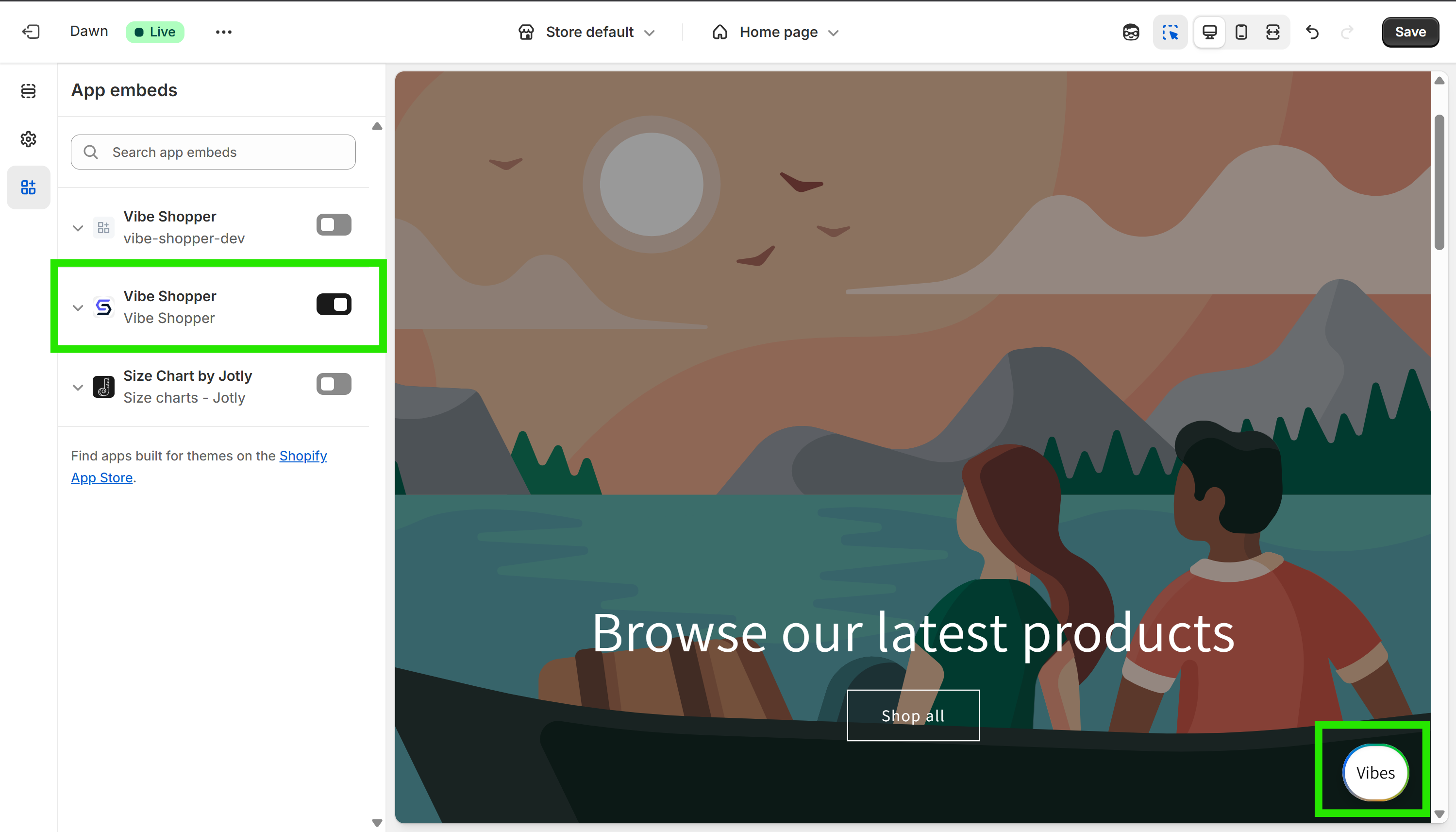 App Embed widget settings in the Theme Editor
